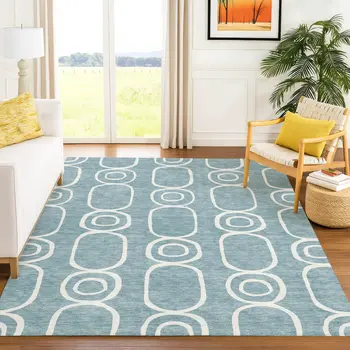 10' X 14' Aqua And Ivory Geometric Washable Indoor Outdoor Area Rug