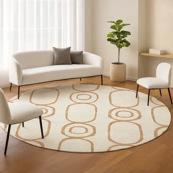 8' Copper And Ivory Round Geometric Washable Indoor Outdoor Area Rug