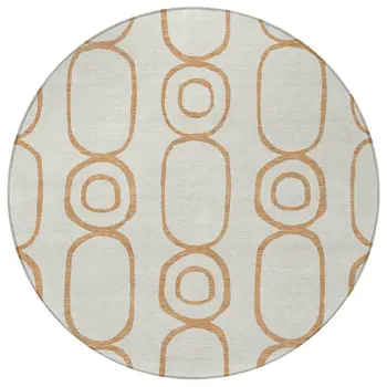8' Copper And Ivory Round Geometric Washable Indoor Outdoor Area Rug