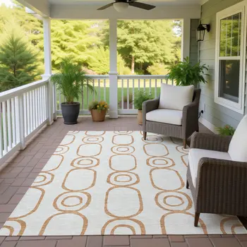 9' X 12' Copper And Ivory Geometric Washable Indoor Outdoor Area Rug