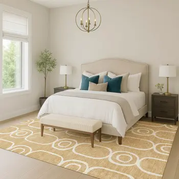5' X 8' Gold And Ivory Geometric Washable Indoor Outdoor Area Rug