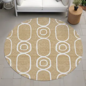8' Gold And Ivory Round Geometric Washable Indoor Outdoor Area Rug
