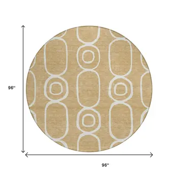 8' Gold And Ivory Round Geometric Washable Indoor Outdoor Area Rug