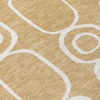 8' Gold And Ivory Round Geometric Washable Indoor Outdoor Area Rug