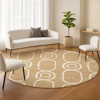 8' Gold And Ivory Round Geometric Washable Indoor Outdoor Area Rug