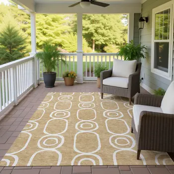 9' X 12' Gold And Ivory Geometric Washable Indoor Outdoor Area Rug