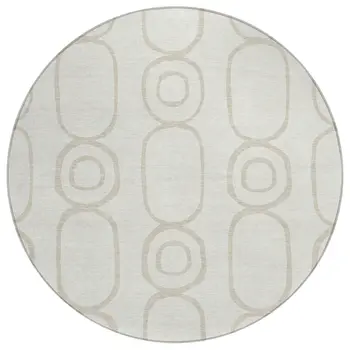 8' Ivory And Beige Round Geometric Washable Indoor Outdoor Area Rug
