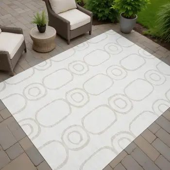9' X 12' Ivory And Beige Geometric Washable Indoor Outdoor Area Rug