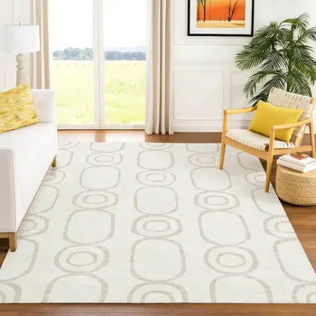 9' X 12' Ivory And Beige Geometric Washable Indoor Outdoor Area Rug