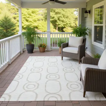 9' X 12' Ivory And Beige Geometric Washable Indoor Outdoor Area Rug