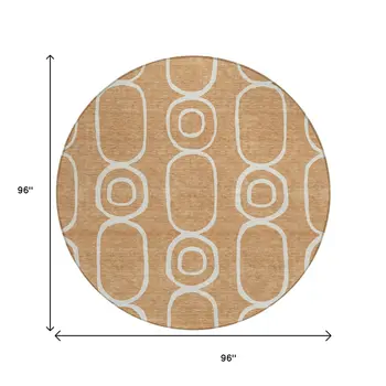 8' Rust And Ivory Round Geometric Washable Indoor Outdoor Area Rug