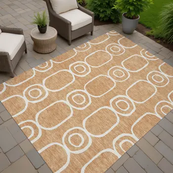 9' X 12' Rust And Ivory Geometric Washable Indoor Outdoor Area Rug