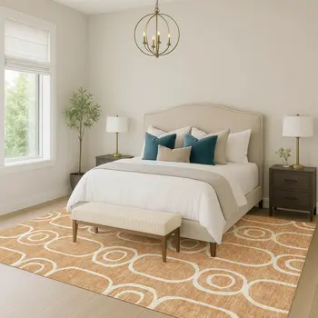 9' X 12' Rust And Ivory Geometric Washable Indoor Outdoor Area Rug