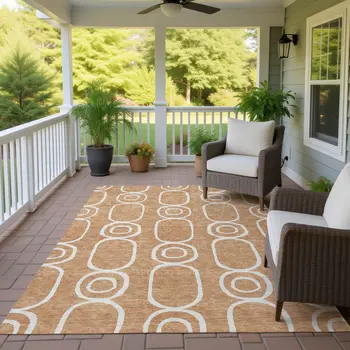 9' X 12' Rust And Ivory Geometric Washable Indoor Outdoor Area Rug