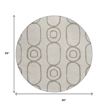 8' Taupe Beige And Ivory Round Geometric Washable Indoor Outdoor Area Rug