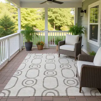 8' X 10' Taupe Beige And Ivory Geometric Washable Indoor Outdoor Area Rug