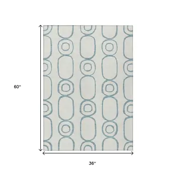 3' X 5' Teal Blue And Ivory Geometric Washable Indoor Outdoor Area Rug