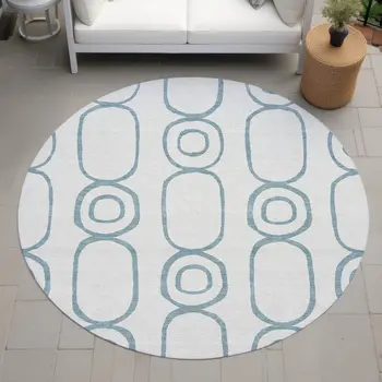 8' Teal Blue And Ivory Round Geometric Washable Indoor Outdoor Area Rug