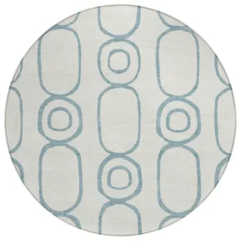 8' Teal Blue And Ivory Round Geometric Washable Indoor Outdoor Area Rug
