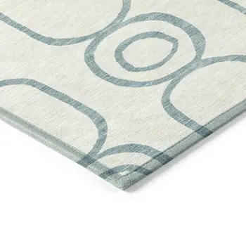 8' Teal Blue And Ivory Round Geometric Washable Indoor Outdoor Area Rug
