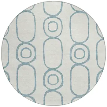 8' Teal Blue And Ivory Round Geometric Washable Indoor Outdoor Area Rug