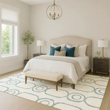 8' X 10' Teal Blue And Ivory Geometric Washable Indoor Outdoor Area Rug