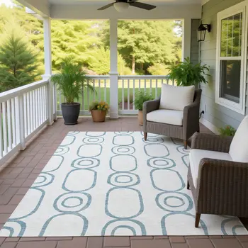 8' X 10' Teal Blue And Ivory Geometric Washable Indoor Outdoor Area Rug