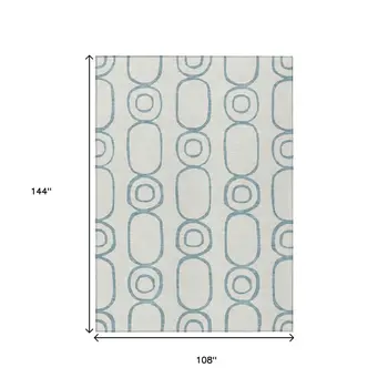 9' X 12' Teal Blue And Ivory Geometric Washable Indoor Outdoor Area Rug