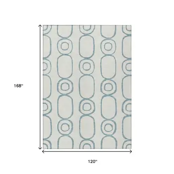 10' X 14' Teal Blue And Ivory Geometric Washable Indoor Outdoor Area Rug