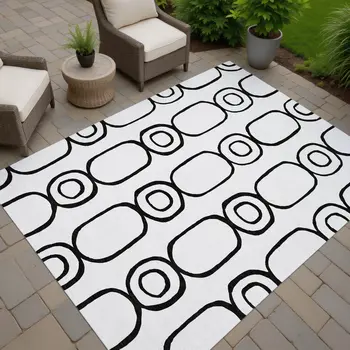5' X 8' White And Black Geometric Washable Indoor Outdoor Area Rug