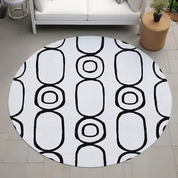 8' White And Black Round Geometric Washable Indoor Outdoor Area Rug