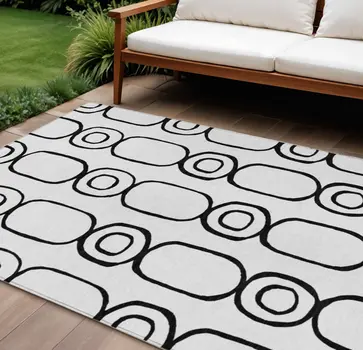 8' X 10' White And Black Geometric Washable Indoor Outdoor Area Rug