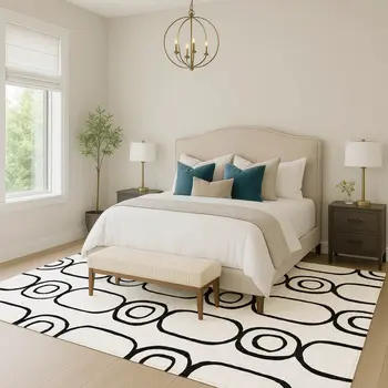 8' X 10' White And Black Geometric Washable Indoor Outdoor Area Rug