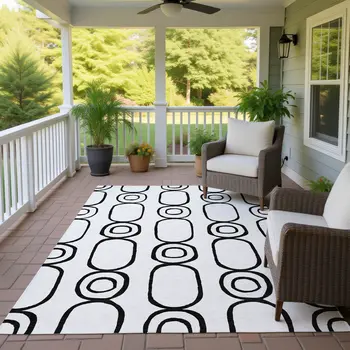 9' X 12' White And Black Geometric Washable Indoor Outdoor Area Rug