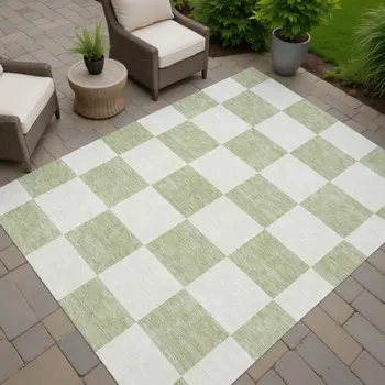 5' X 8' Artichoke Green And Ivory Geometric Washable Indoor Outdoor Area Rug