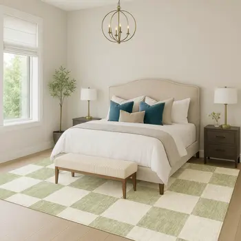 5' X 8' Artichoke Green And Ivory Geometric Washable Indoor Outdoor Area Rug