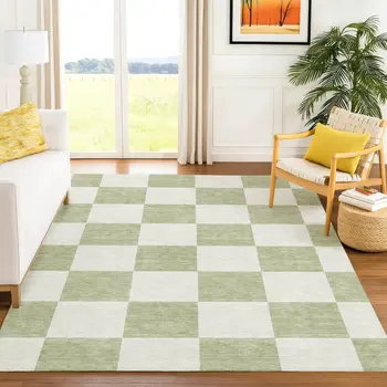 5' X 8' Artichoke Green And Ivory Geometric Washable Indoor Outdoor Area Rug