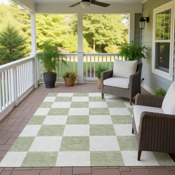 5' X 8' Artichoke Green And Ivory Geometric Washable Indoor Outdoor Area Rug
