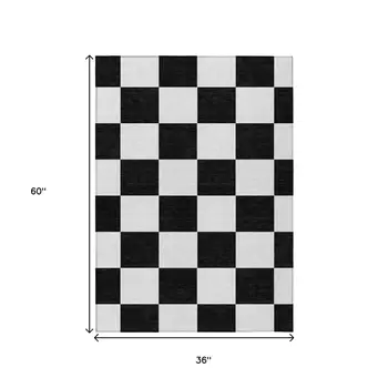 3' X 5' Black And White Geometric Washable Indoor Outdoor Area Rug