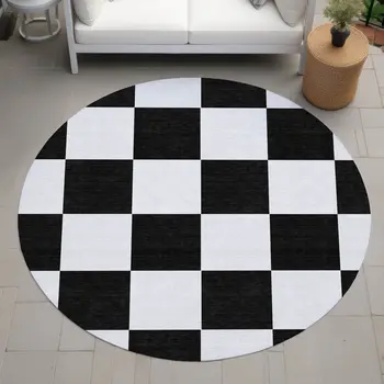 8' Black And White Round Geometric Washable Indoor Outdoor Area Rug