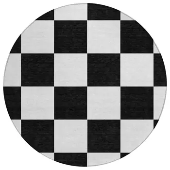 8' Black And White Round Geometric Washable Indoor Outdoor Area Rug