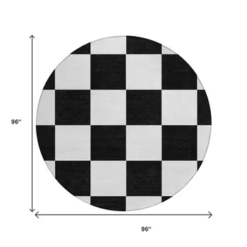 8' Black And White Round Geometric Washable Indoor Outdoor Area Rug