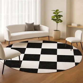 8' Black And White Round Geometric Washable Indoor Outdoor Area Rug