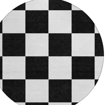 8' Black And White Round Geometric Washable Indoor Outdoor Area Rug