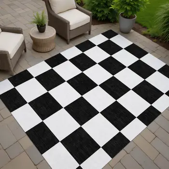 9' X 12' Black And White Geometric Washable Indoor Outdoor Area Rug