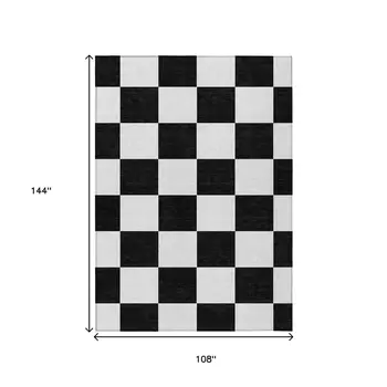 9' X 12' Black And White Geometric Washable Indoor Outdoor Area Rug