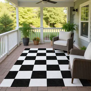 10' X 14' Black And White Geometric Washable Indoor Outdoor Area Rug