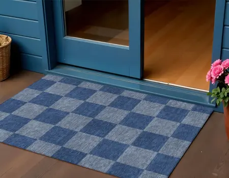 3' X 5' Blue And Gray Geometric Washable Indoor Outdoor Area Rug