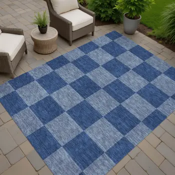 3' X 5' Blue And Gray Geometric Washable Indoor Outdoor Area Rug