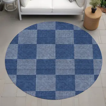 8' Blue And Gray Round Geometric Washable Indoor Outdoor Area Rug
